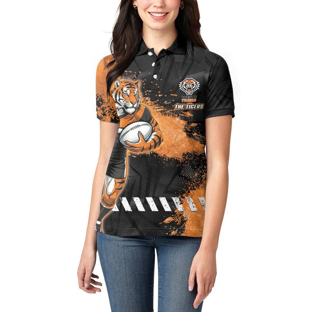 Personalized Wests Tigers Rugby Women Polo Shirt Tiger Mascot - Sporty Splash Art Style