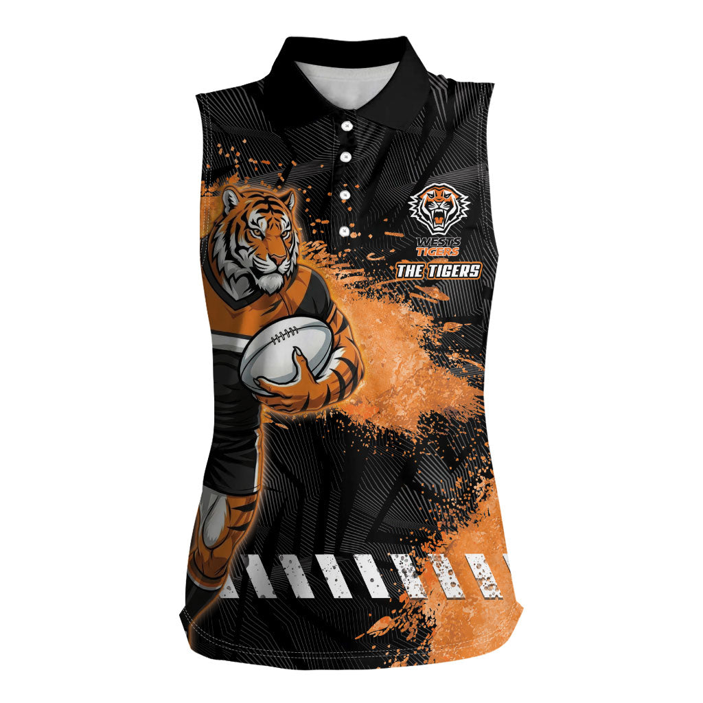 Personalized Wests Tigers Rugby Women Sleeveless Polo Shirt Tiger Mascot - Sporty Splash Art Style