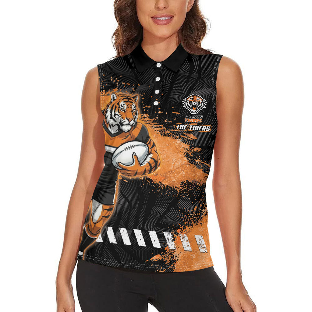 Personalized Wests Tigers Rugby Women Sleeveless Polo Shirt Tiger Mascot - Sporty Splash Art Style