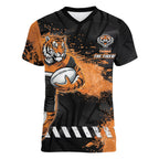 Personalized Wests Tigers Rugby Women V-Neck T-Shirt Tiger Mascot - Sporty Splash Art Style