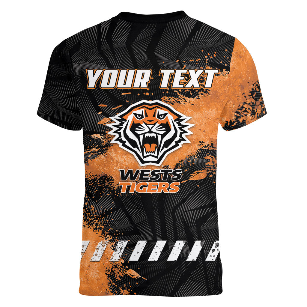 Personalized Wests Tigers Rugby Women V-Neck T-Shirt Tiger Mascot - Sporty Splash Art Style