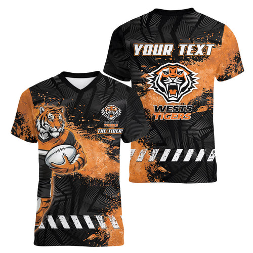 Personalized Wests Tigers Rugby Women V-Neck T-Shirt Tiger Mascot - Sporty Splash Art Style