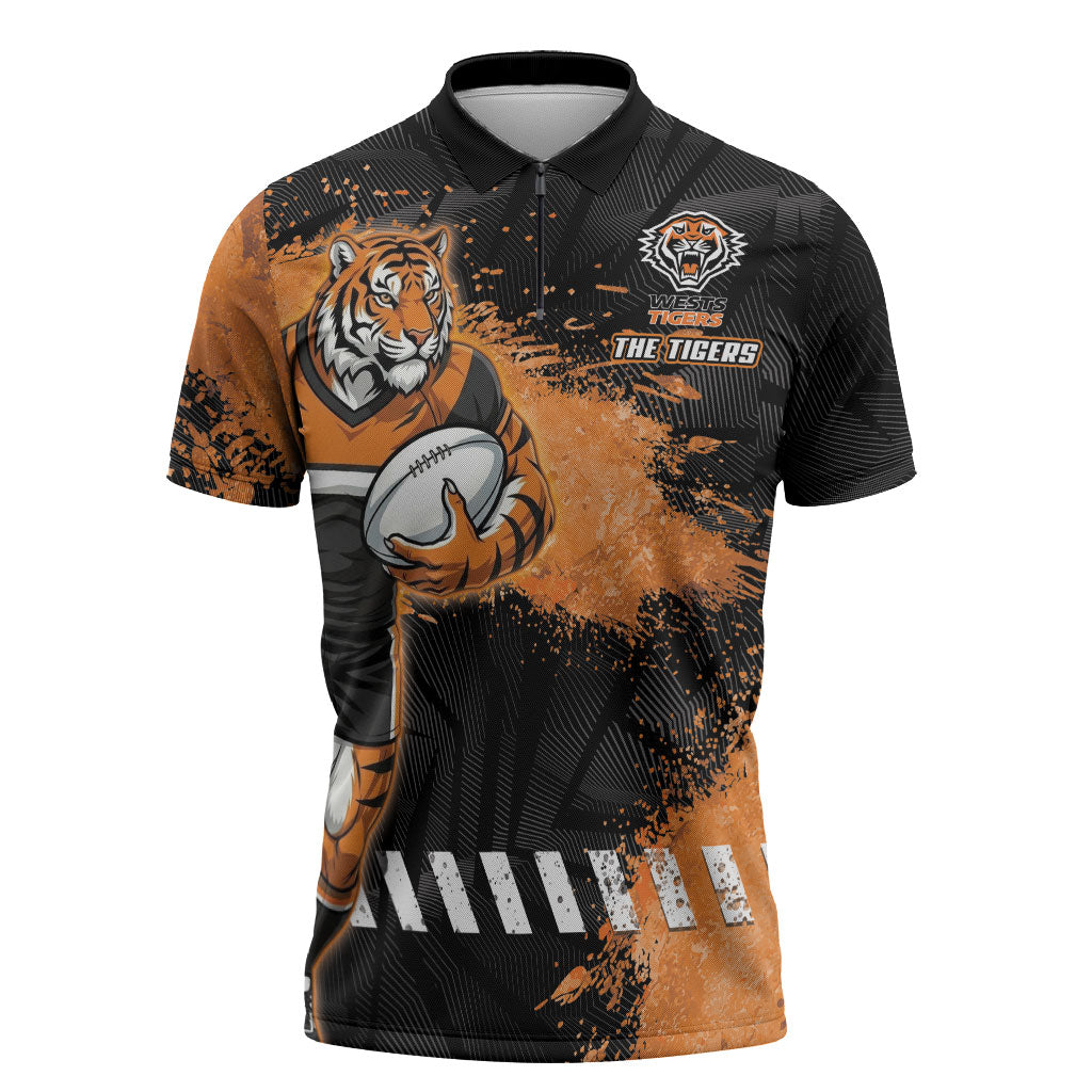 Personalized Wests Tigers Rugby Zipper Polo Shirt Tiger Mascot - Sporty Splash Art Style