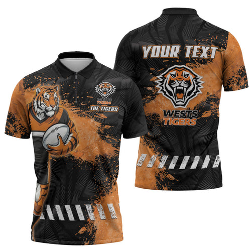 Personalized Wests Tigers Rugby Zipper Polo Shirt Tiger Mascot - Sporty Splash Art Style