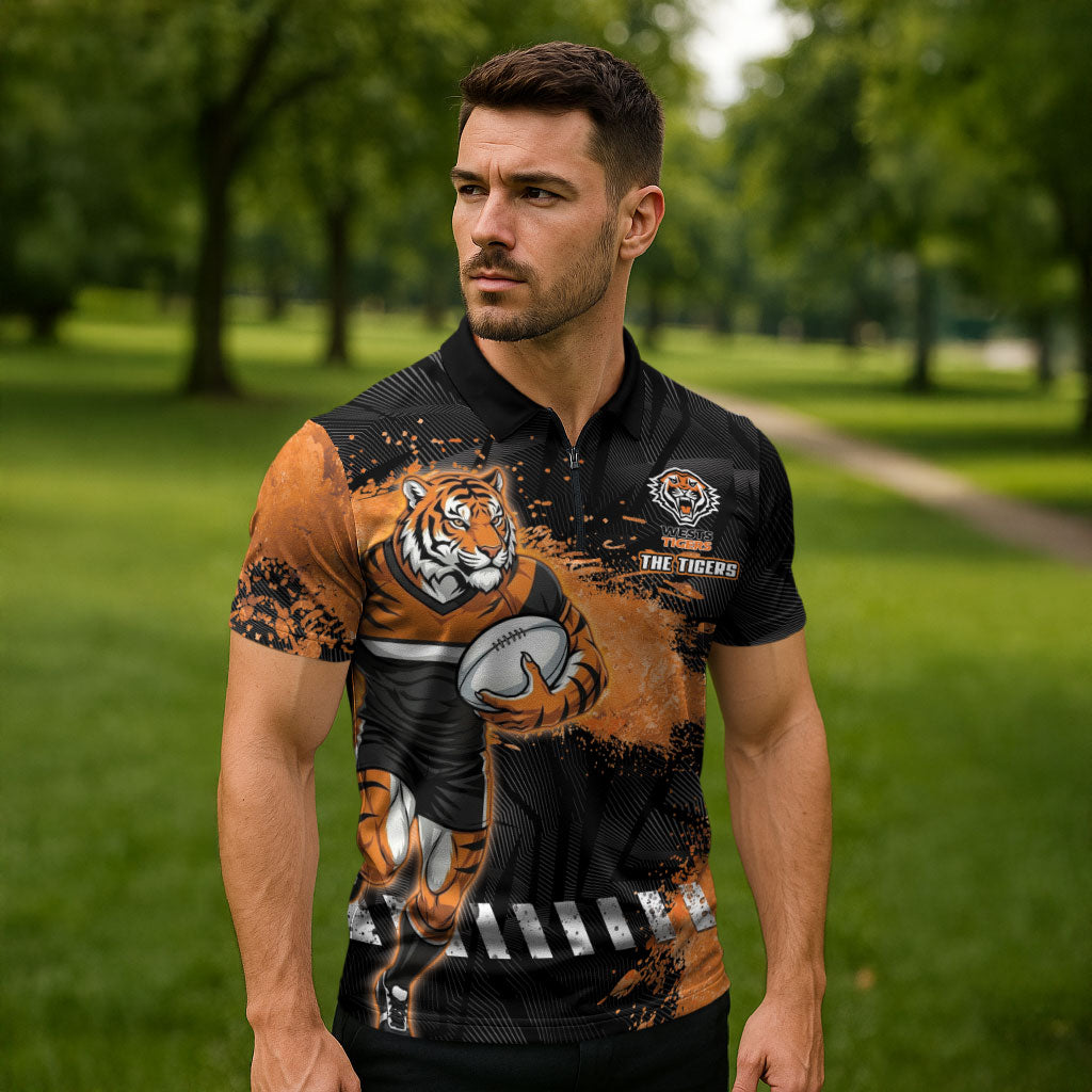 Personalized Wests Tigers Rugby Zipper Polo Shirt Tiger Mascot - Sporty Splash Art Style