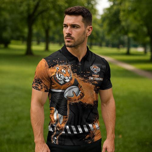 Personalized Wests Tigers Rugby Zipper Polo Shirt Tiger Mascot - Sporty Splash Art Style