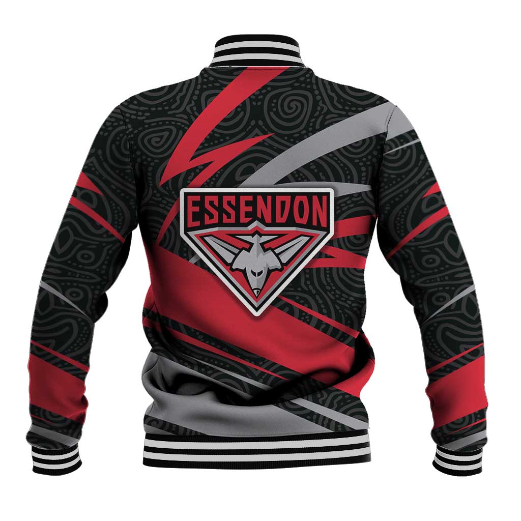 Essendon Bombers Australian Football Baseball Jacket Skeeta Mascot With Indigenous Pattern Art
