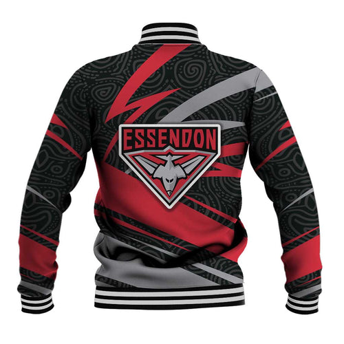Essendon Bombers Australian Football Baseball Jacket Skeeta Mascot With Indigenous Pattern Art