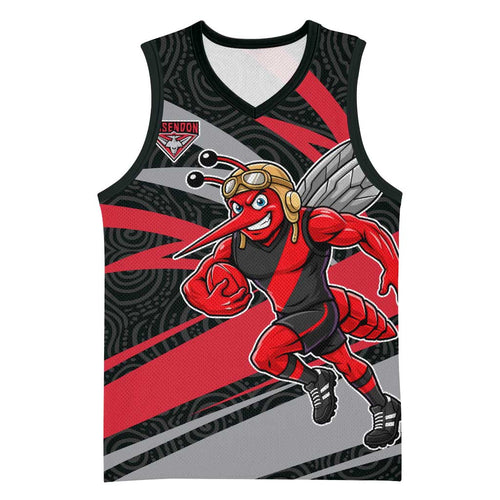 Essendon Bombers Australian Football Basketball Jersey Skeeta Mascot With Indigenous Pattern Art