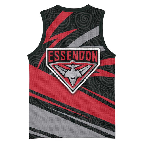 Essendon Bombers Australian Football Basketball Jersey Skeeta Mascot With Indigenous Pattern Art