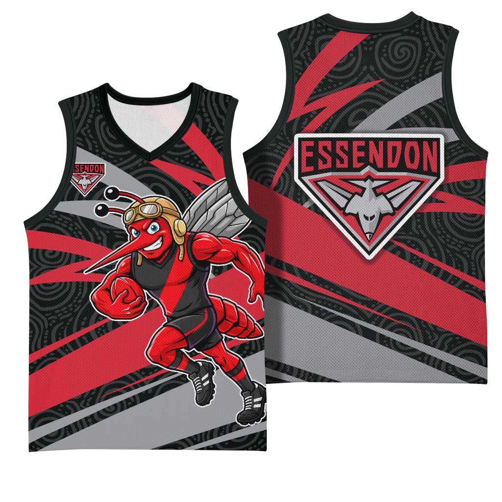 Essendon Bombers Australian Football Basketball Jersey Skeeta Mascot With Indigenous Pattern Art