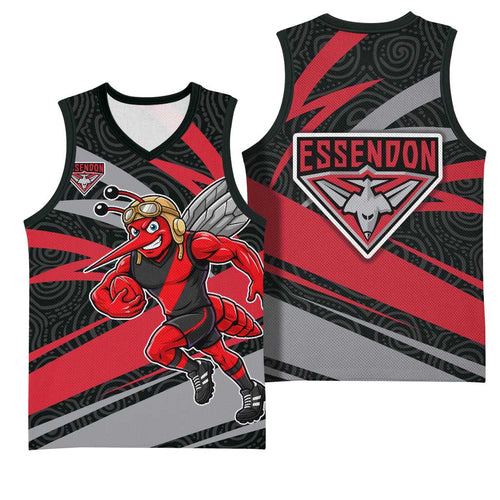Essendon Bombers Australian Football Basketball Jersey Skeeta Mascot With Indigenous Pattern Art