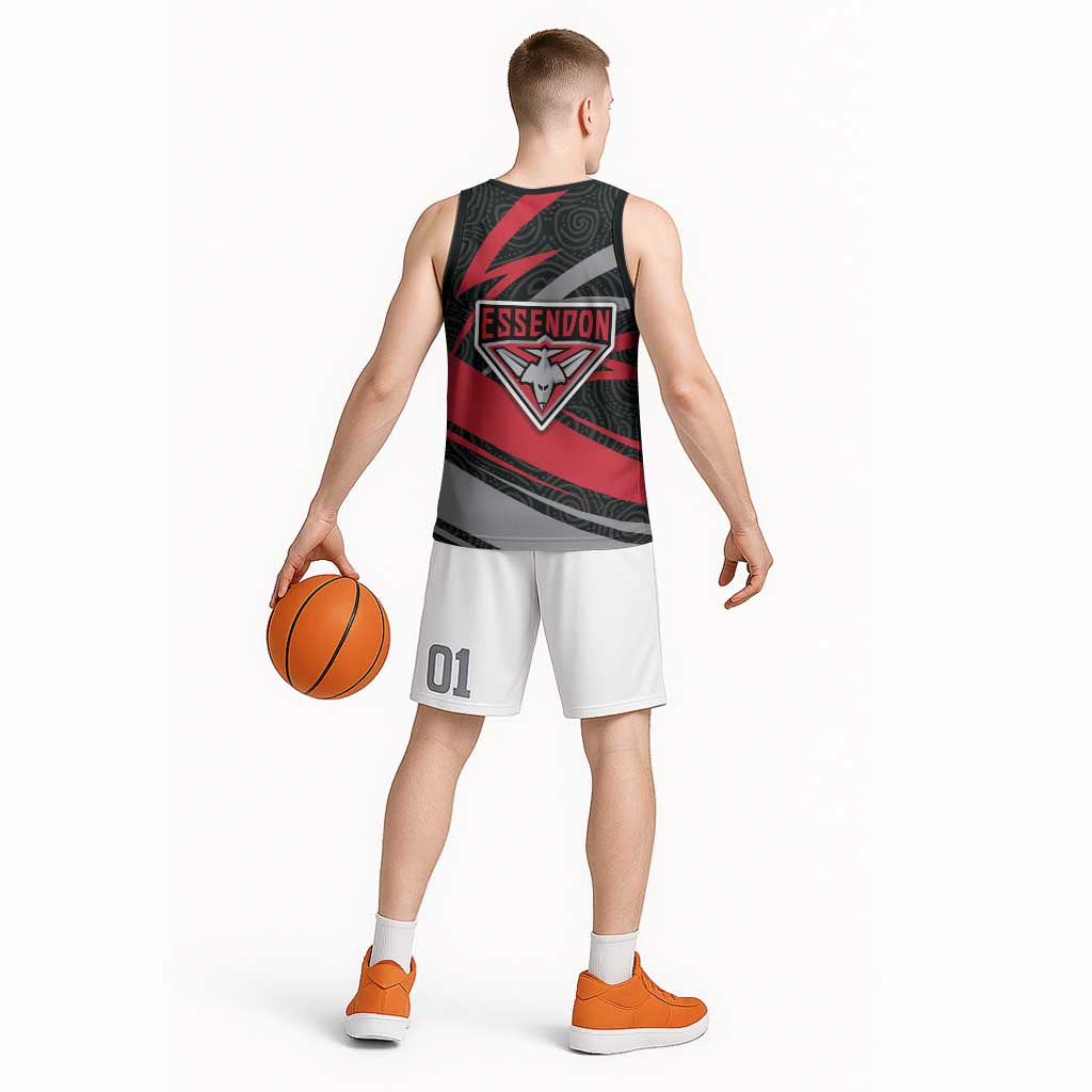 Essendon Bombers Australian Football Basketball Jersey Skeeta Mascot With Indigenous Pattern Art