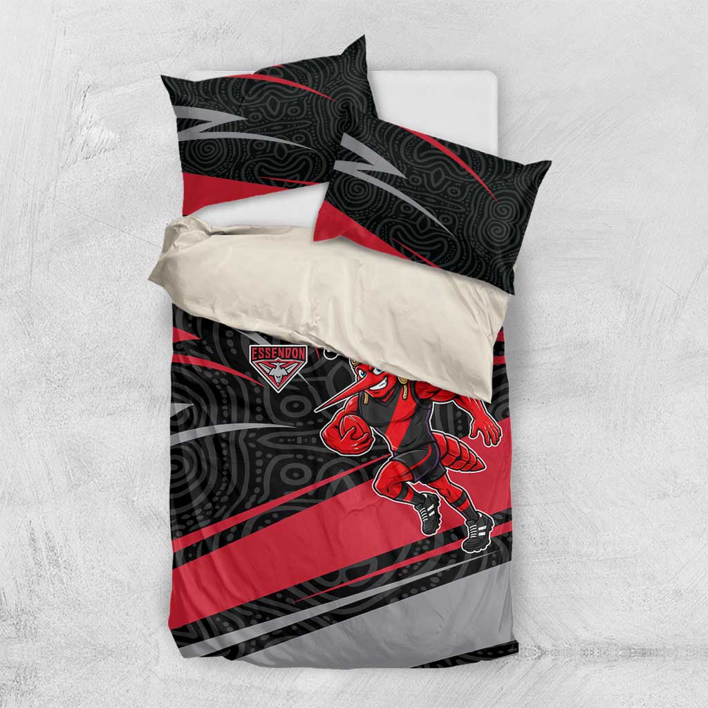 Essendon Bombers Australian Football Bedding Set Skeeta Mascot With Indigenous Pattern Art