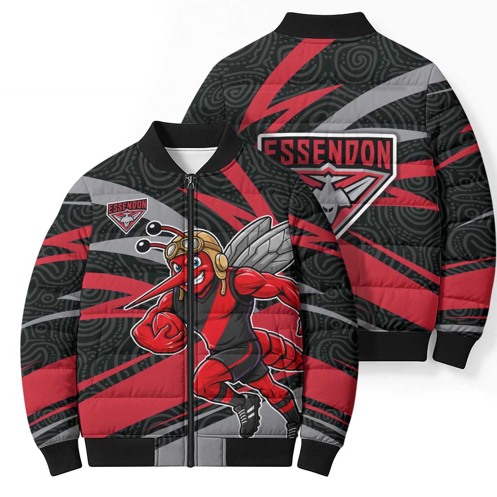 Essendon Bombers Australian Football Bomber Puffer Jacket Skeeta Mascot With Indigenous Pattern Art