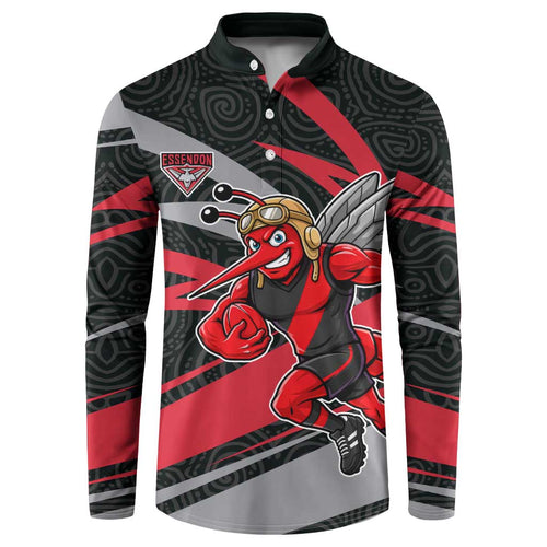 Essendon Bombers Australian Football Button Sweatshirt Skeeta Mascot With Indigenous Pattern Art