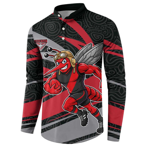 Essendon Bombers Australian Football Button Sweatshirt Skeeta Mascot With Indigenous Pattern Art