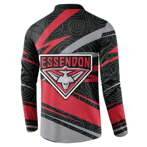 Essendon Bombers Australian Football Button Sweatshirt Skeeta Mascot With Indigenous Pattern Art