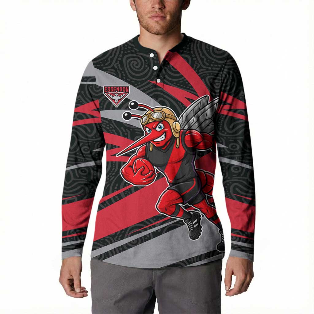 Essendon Bombers Australian Football Button Sweatshirt Skeeta Mascot With Indigenous Pattern Art