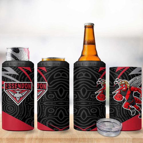 Essendon Bombers Australian Football 4 in 1 Can Cooler Tumbler Skeeta Mascot With Indigenous Pattern Art