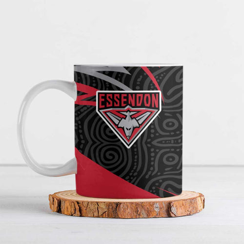 Essendon Bombers Australian Football Ceramic Mug Skeeta Mascot With Indigenous Pattern Art