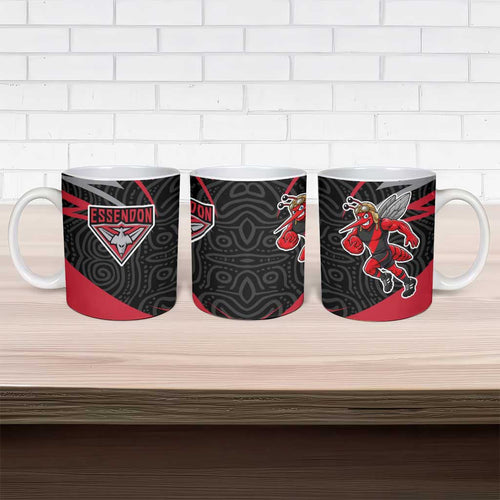 Essendon Bombers Australian Football Ceramic Mug Skeeta Mascot With Indigenous Pattern Art