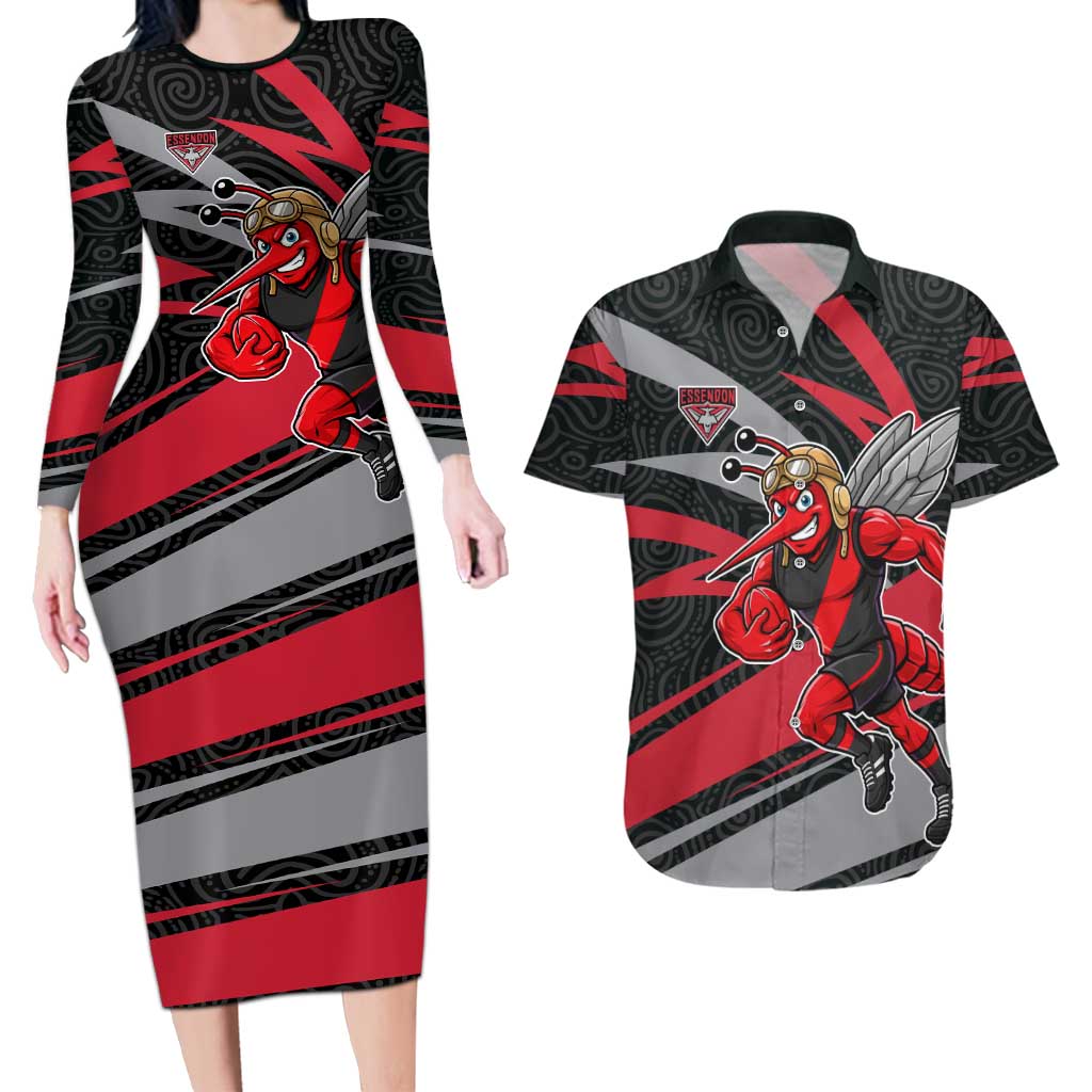 Essendon Bombers Australian Football Couples Matching Long Sleeve Bodycon Dress and Hawaiian Shirt Skeeta Mascot With Indigenous Pattern Art