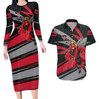 Essendon Bombers Australian Football Couples Matching Long Sleeve Bodycon Dress and Hawaiian Shirt Skeeta Mascot With Indigenous Pattern Art
