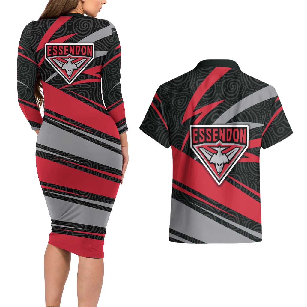 Essendon Bombers Australian Football Couples Matching Long Sleeve Bodycon Dress and Hawaiian Shirt Skeeta Mascot With Indigenous Pattern Art