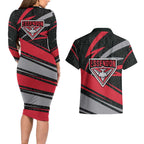 Essendon Bombers Australian Football Couples Matching Long Sleeve Bodycon Dress and Hawaiian Shirt Skeeta Mascot With Indigenous Pattern Art