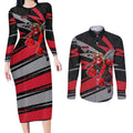 Essendon Bombers Australian Football Couples Matching Long Sleeve Bodycon Dress and Long Sleeve Button Shirt Skeeta Mascot With Indigenous Pattern Art