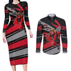 Essendon Bombers Australian Football Couples Matching Long Sleeve Bodycon Dress and Long Sleeve Button Shirt Skeeta Mascot With Indigenous Pattern Art
