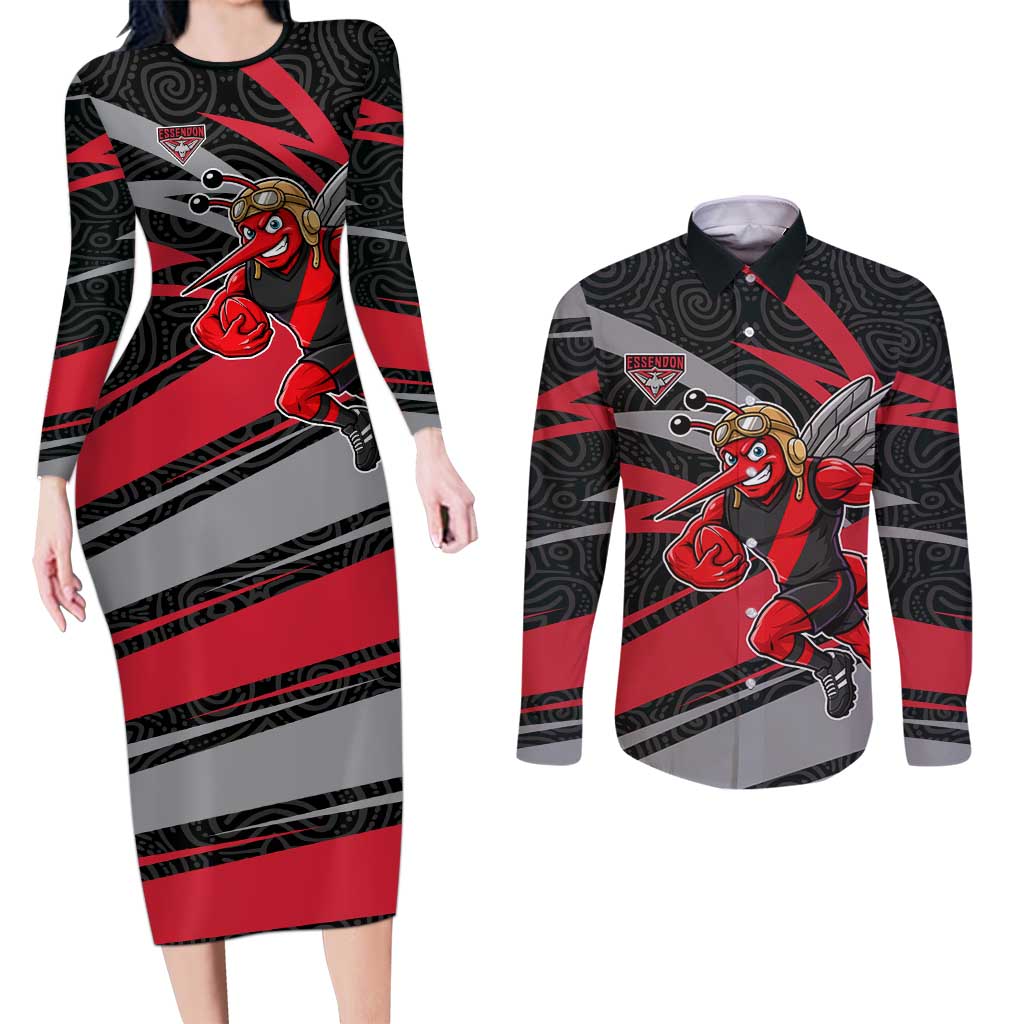 Essendon Bombers Australian Football Couples Matching Long Sleeve Bodycon Dress and Long Sleeve Button Shirt Skeeta Mascot With Indigenous Pattern Art