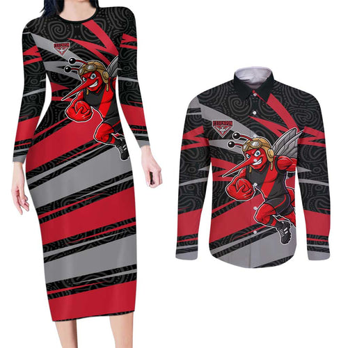 Essendon Bombers Australian Football Couples Matching Long Sleeve Bodycon Dress and Long Sleeve Button Shirt Skeeta Mascot With Indigenous Pattern Art