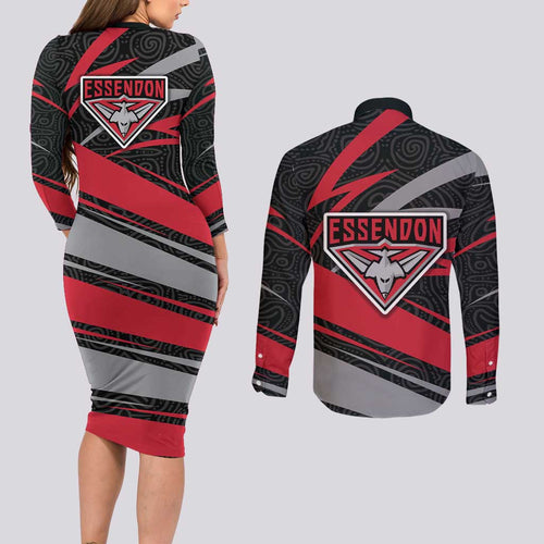 Essendon Bombers Australian Football Couples Matching Long Sleeve Bodycon Dress and Long Sleeve Button Shirt Skeeta Mascot With Indigenous Pattern Art