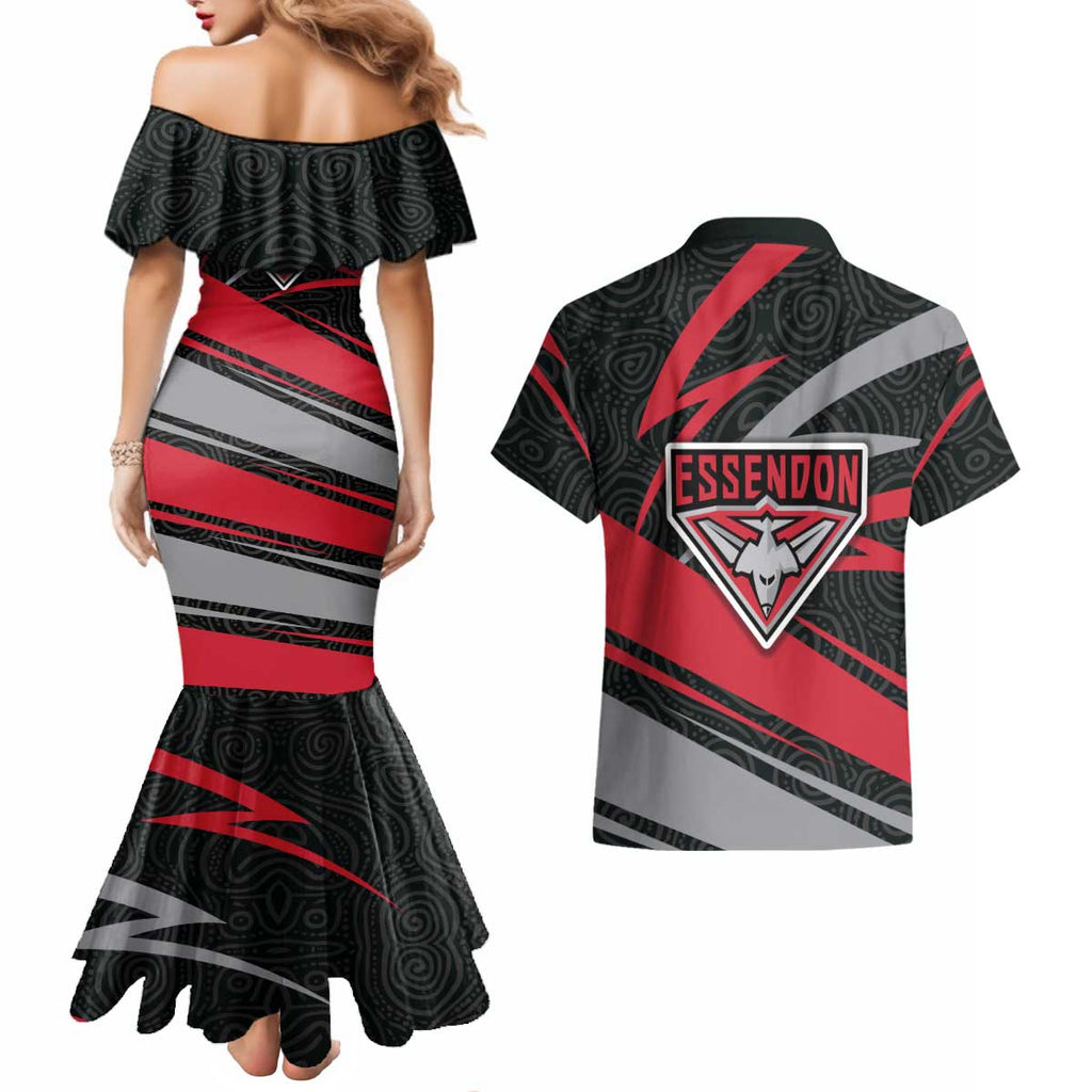 Essendon Bombers Australian Football Couples Matching Mermaid Dress and Hawaiian Shirt Skeeta Mascot With Indigenous Pattern Art