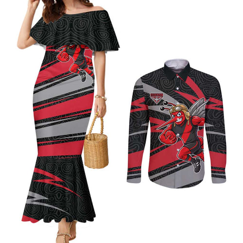 Essendon Bombers Australian Football Couples Matching Mermaid Dress and Long Sleeve Button Shirt Skeeta Mascot With Indigenous Pattern Art