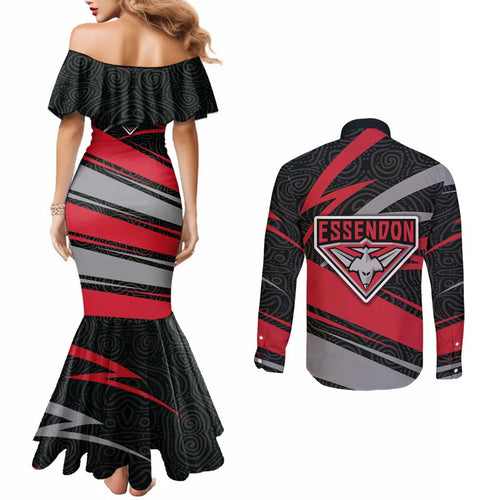 Essendon Bombers Australian Football Couples Matching Mermaid Dress and Long Sleeve Button Shirt Skeeta Mascot With Indigenous Pattern Art