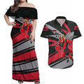 Essendon Bombers Australian Football Couples Matching Off Shoulder Maxi Dress and Hawaiian Shirt Skeeta Mascot With Indigenous Pattern Art