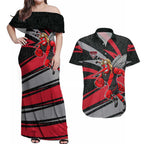 Essendon Bombers Australian Football Couples Matching Off Shoulder Maxi Dress and Hawaiian Shirt Skeeta Mascot With Indigenous Pattern Art