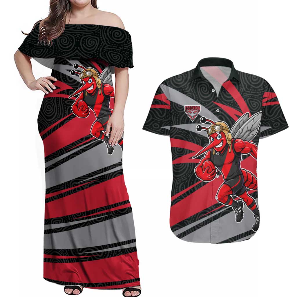 Essendon Bombers Australian Football Couples Matching Off Shoulder Maxi Dress and Hawaiian Shirt Skeeta Mascot With Indigenous Pattern Art