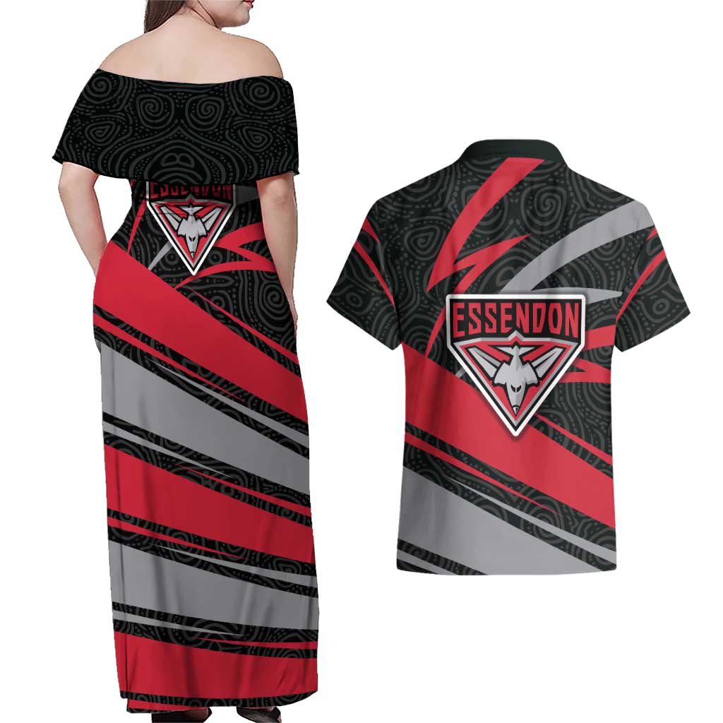 Essendon Bombers Australian Football Couples Matching Off Shoulder Maxi Dress and Hawaiian Shirt Skeeta Mascot With Indigenous Pattern Art