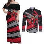Essendon Bombers Australian Football Couples Matching Off Shoulder Maxi Dress and Long Sleeve Button Shirt Skeeta Mascot With Indigenous Pattern Art