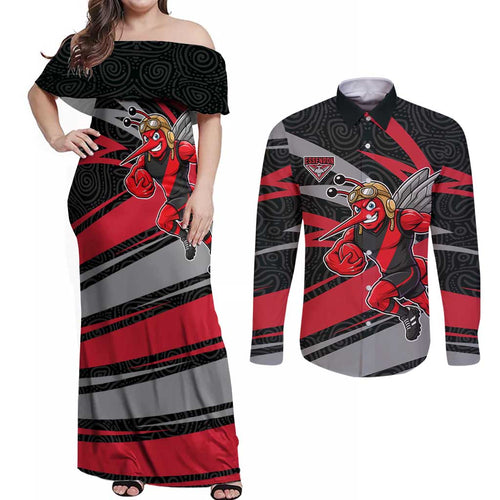 Essendon Bombers Australian Football Couples Matching Off Shoulder Maxi Dress and Long Sleeve Button Shirt Skeeta Mascot With Indigenous Pattern Art
