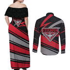 Essendon Bombers Australian Football Couples Matching Off Shoulder Maxi Dress and Long Sleeve Button Shirt Skeeta Mascot With Indigenous Pattern Art