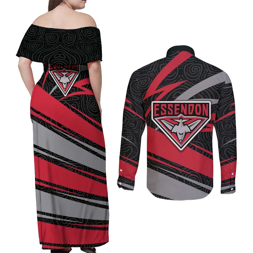 Essendon Bombers Australian Football Couples Matching Off Shoulder Maxi Dress and Long Sleeve Button Shirt Skeeta Mascot With Indigenous Pattern Art