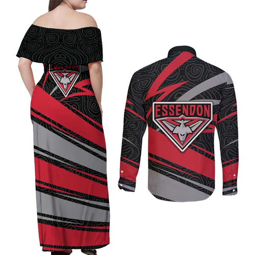 Essendon Bombers Australian Football Couples Matching Off Shoulder Maxi Dress and Long Sleeve Button Shirt Skeeta Mascot With Indigenous Pattern Art