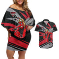 Essendon Bombers Australian Football Couples Matching Off Shoulder Short Dress and Hawaiian Shirt Skeeta Mascot With Indigenous Pattern Art