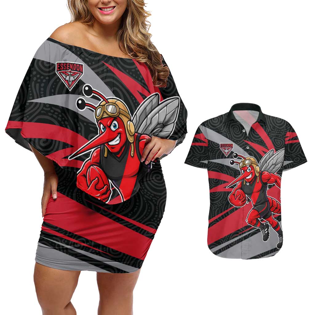 Essendon Bombers Australian Football Couples Matching Off Shoulder Short Dress and Hawaiian Shirt Skeeta Mascot With Indigenous Pattern Art