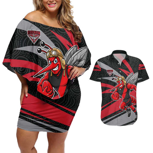 Essendon Bombers Australian Football Couples Matching Off Shoulder Short Dress and Hawaiian Shirt Skeeta Mascot With Indigenous Pattern Art
